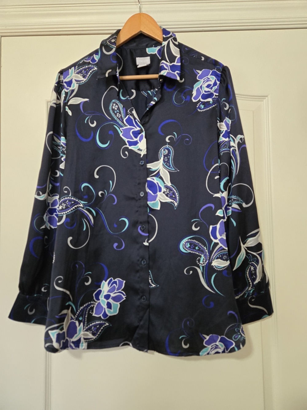 Chico's Navy Button-Down Shirt with Blue, Purple and White Floral Print